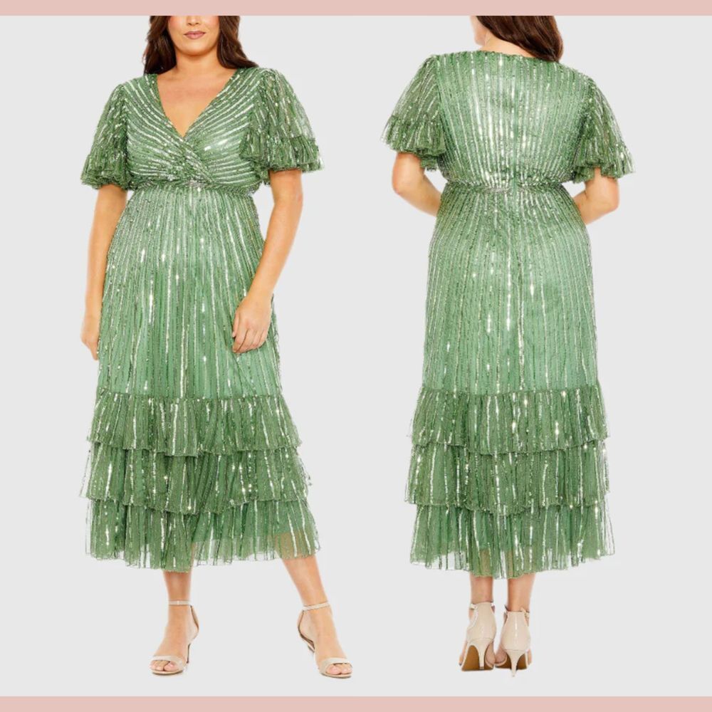 NWT Mac Duggal [ 14W ] 5785 Sequin Faux Wrap Flutter Sleeve Ruffle Dress  Sage‎